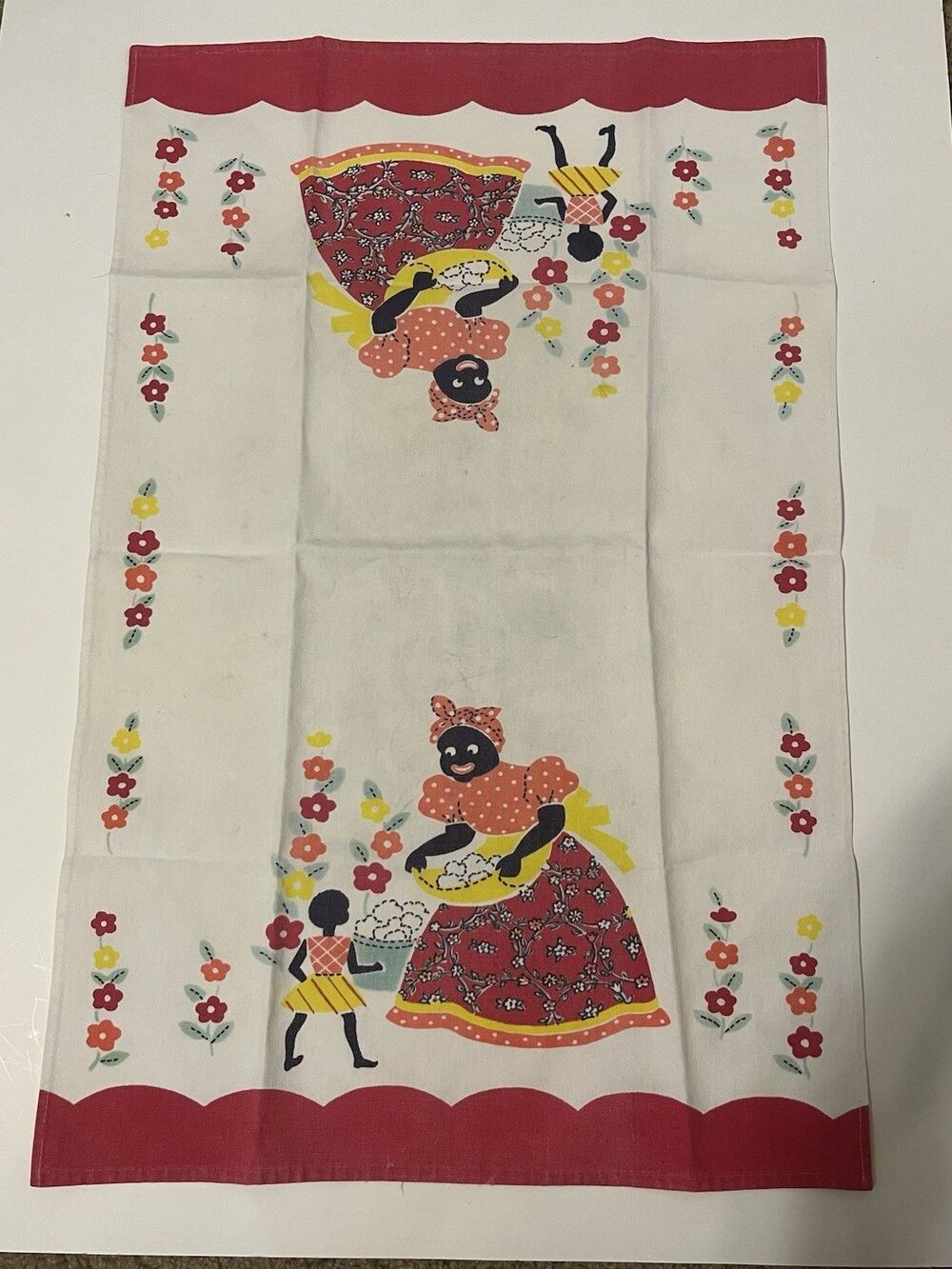 Vtg 1940s 1950s Black Americana Folk Art Kitchen Tea Towel Cotton Novelty Floral